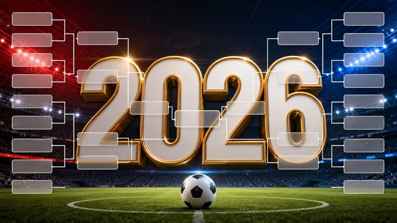 2026 월드컵 토너먼트 대진표와 경기장을 상징하는 금장 2026 숫자 이미지